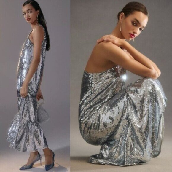 NWT Maeve Anthropologie One Shoulder Silver Sequin Maxi Dress Size XXS - Picture 2 of 12
